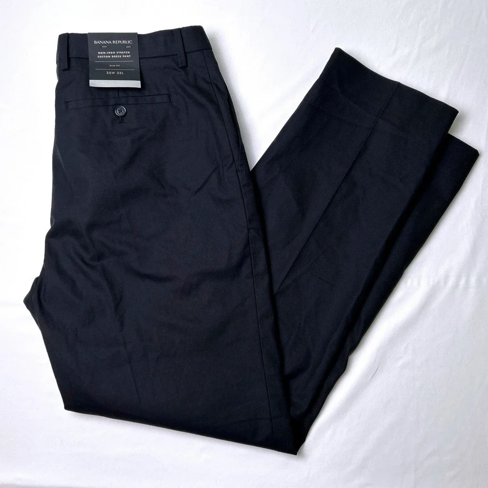 Banana Republic Men Slim Fit Non-Iron Stretch Cotton Dress Pant Size 35x32 Black
